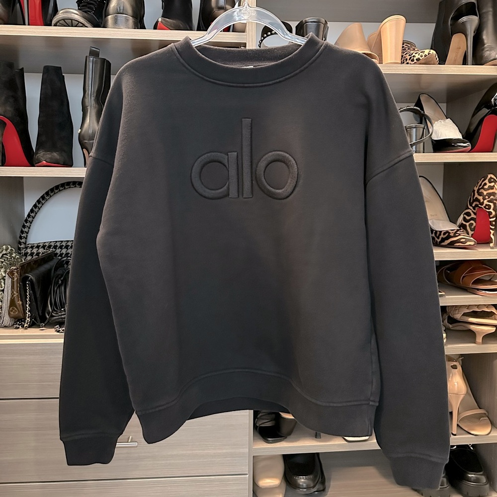 BLACK ALO RENOWN HEAVY WEIGHT EMBLEM CREW NECK PULLOVER, Sz Small